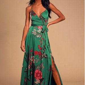 Lulu's Emerald Green Floral Print Satin Maxi Dress